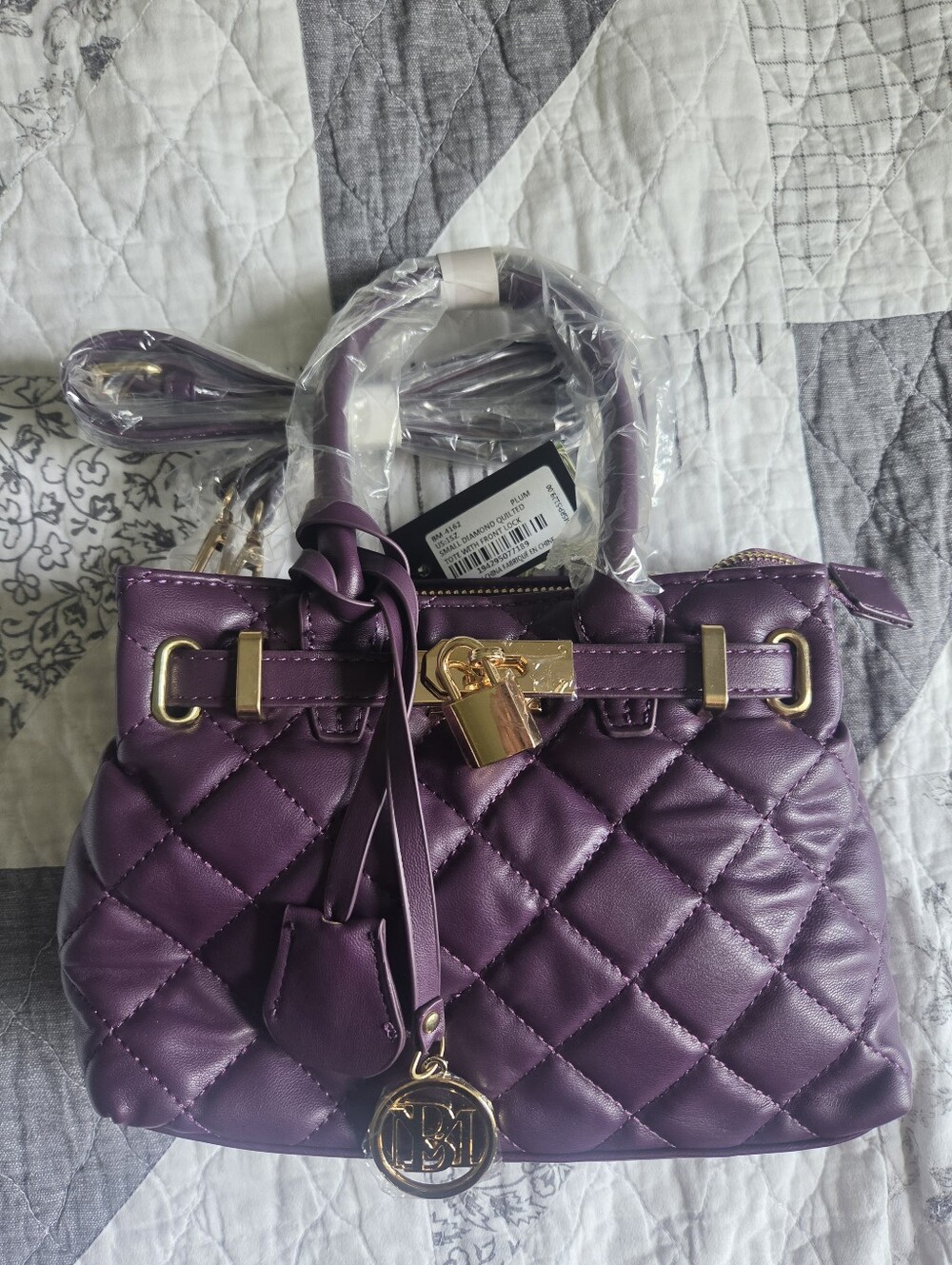 Badgley MischkaQuilted Purple Diamond  Handbag with Gold Hardware